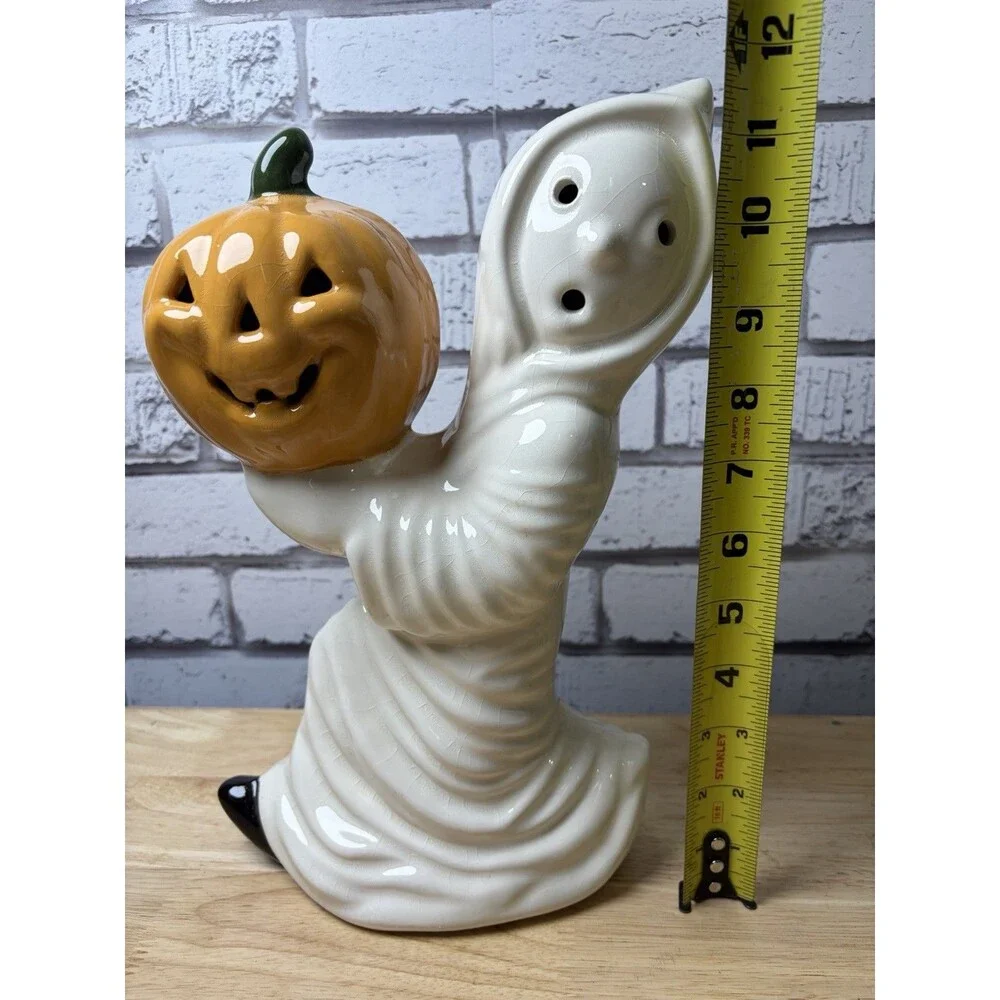 Vintage Ceramic Halloween Ghost Holding Pumpkin Jack-o-lantern 12” Spooky Decor